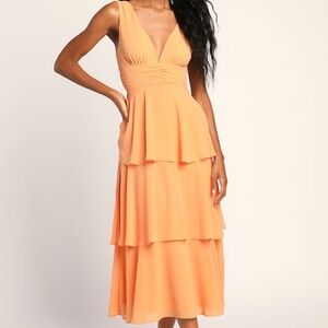 Lulus Celebration Time Light Orange Sleeveless Tiered Midi Dress - Size L